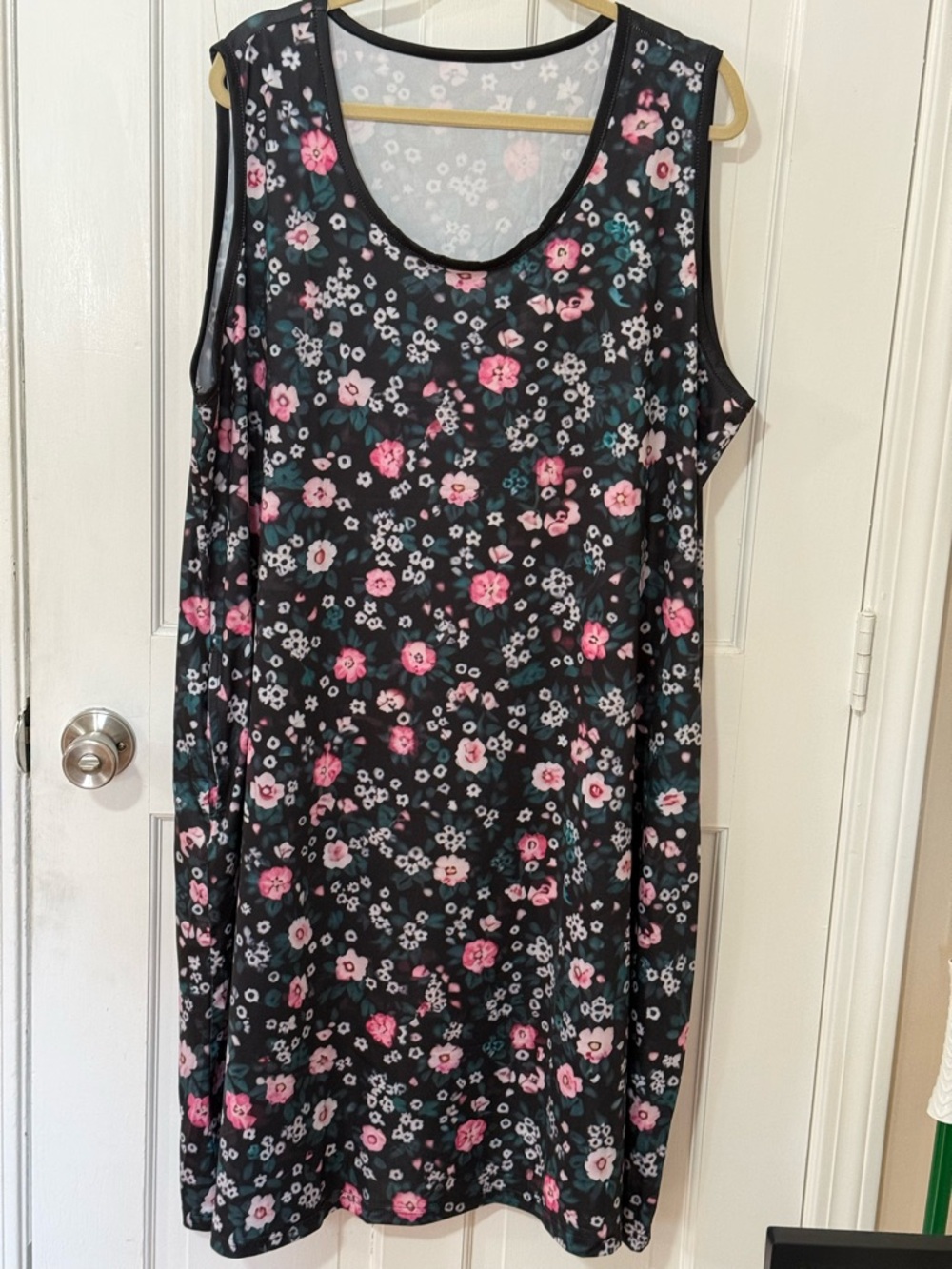 Black Floral Sleeveless Shift Dress with Pink & Teal Flowers- measuring 43 x 26”